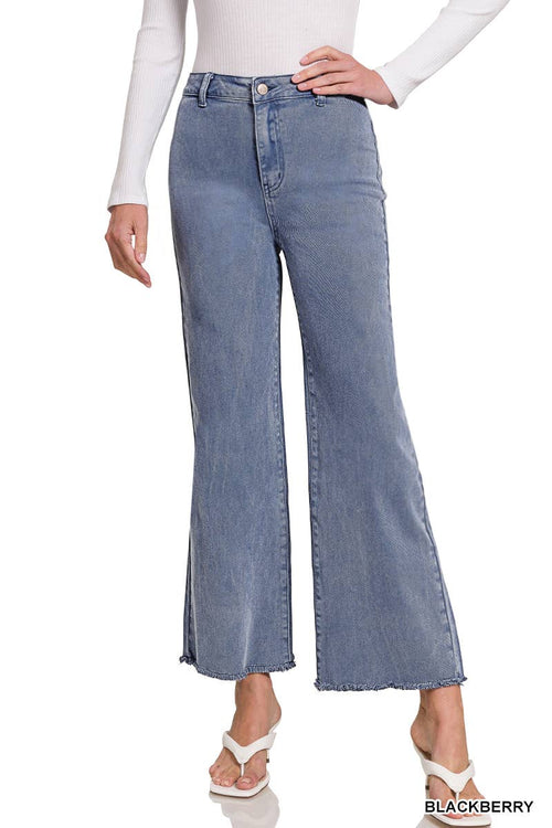 "Acid Washed Frayed Cutoff Hem Straight Wide Pants
