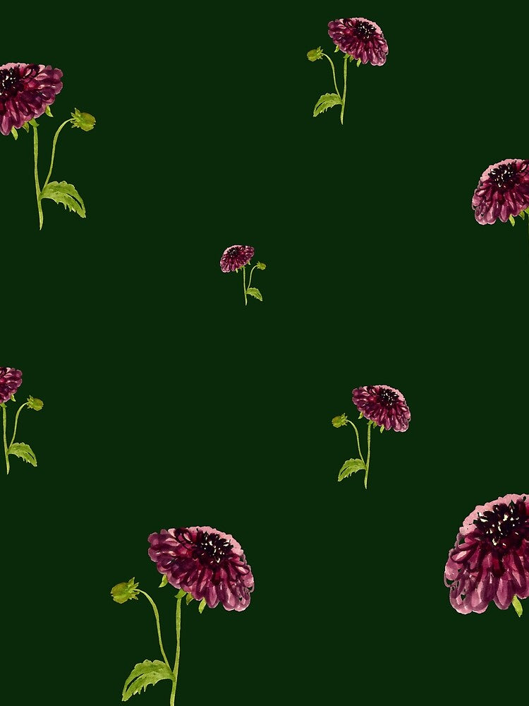 Dahlia red seamless cute pattern a watercolor green by Yana Mustafina | Boho Soulful Designs