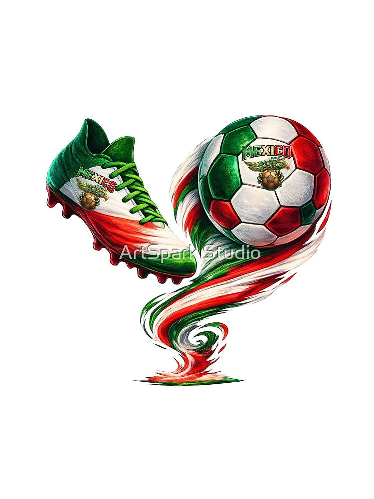 Mexico Soccer Design – Football Cleat and Ball in Mexican Flag Colors by ArtSpark Studio
