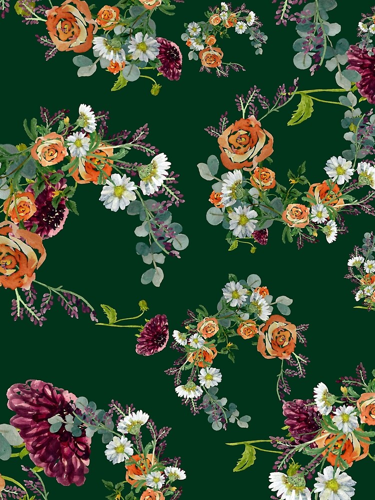 Dahlia red rose daisy pattern watercolor green by Yana Mustafina | Boho Soulful Designs