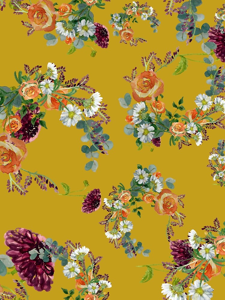 Dahlia red rose daisy pattern watercolor yellow by Yana Mustafina | Boho Soulful Designs