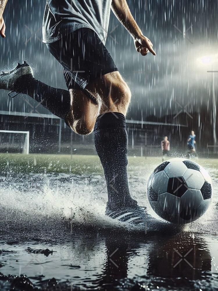 Soccer player prepares to kick ball on rain-soaked field, creating dramatic splash effect as water droplets illuminate the intense nighttime atmosphere by homydesign