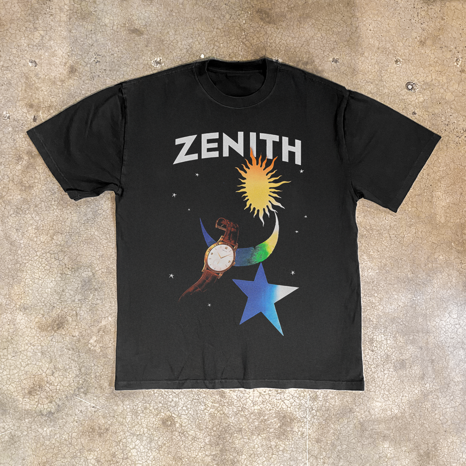 ZENITH WATCHES 'MOON & STARS' HEAVY FADED BLACK TEE Hoodie, Sweatshirt | CiraTrend.com (Image 1)