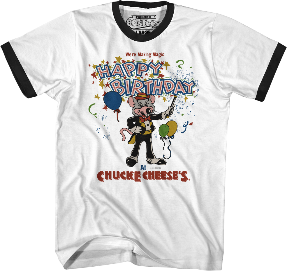 Making Magic Happy Birthday Chuck E. Cheese Ringer Shirt Hoodie, Sweatshirt | CiraTrend.com (Image 1)