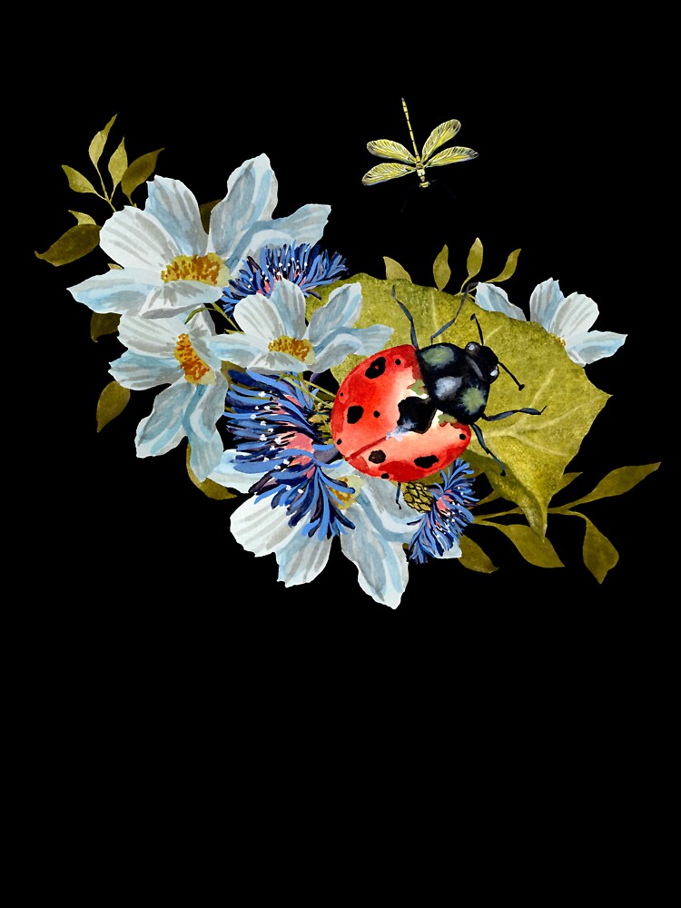 Flower daisy ladybug leaves dragonfly a watercolor black by Yana Mustafina | Boho Soulful Designs