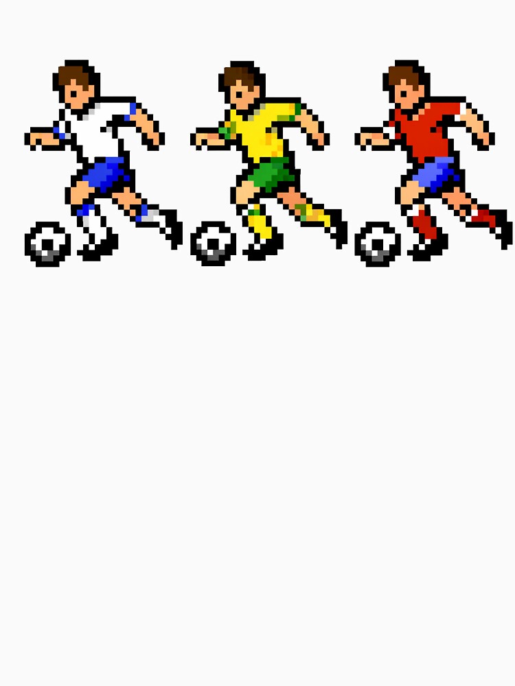 Pixel Soccer Players Dribbling Trio – Retro 8-Bit Football Players by Is It Soccer Or Football