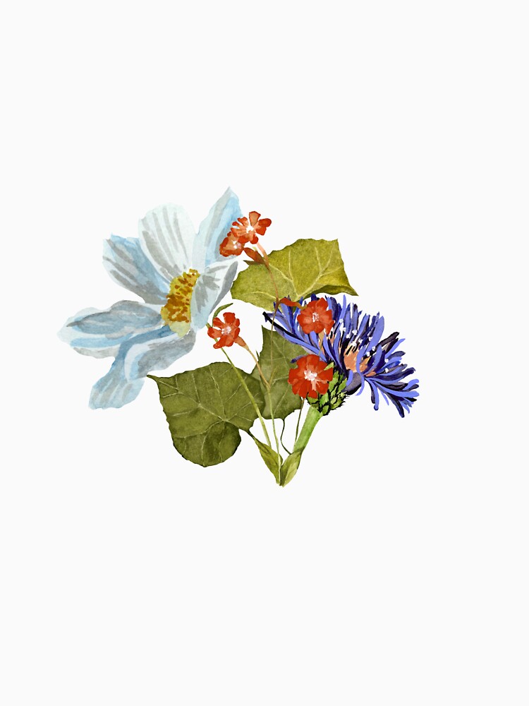 Camomile red blue flower bouquet a watercolor by Yana Mustafina | Boho Soulful Designs