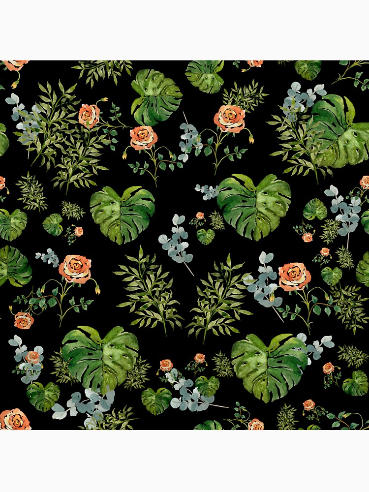 Rose flower palm leaf branch pattern watercolor black by Yana Mustafina | Boho Soulful Designs