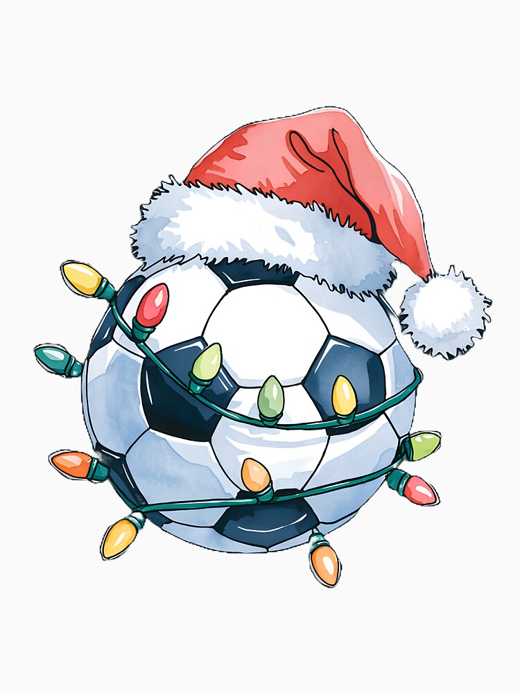 Watercolor Soccer Ball Wearing Santa Hat Warraped By Christmas Lights by clothesy7