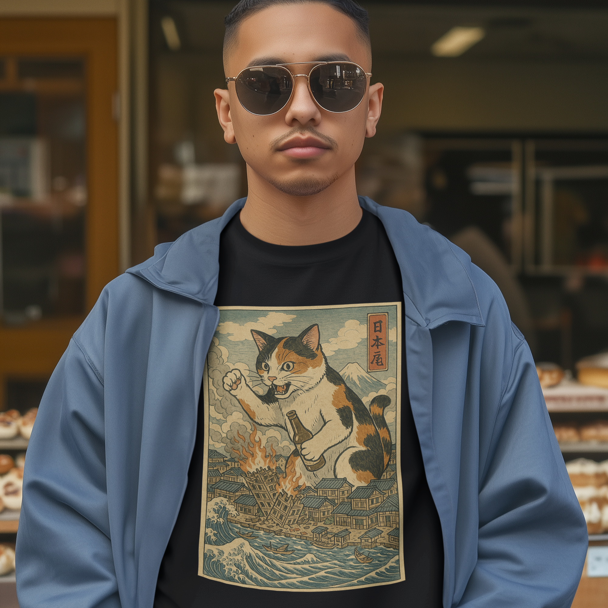 Cat Destroying City Ukiyo-E T-Shirt Hoodie, Sweatshirt | CiraTrend.com (Image 2)