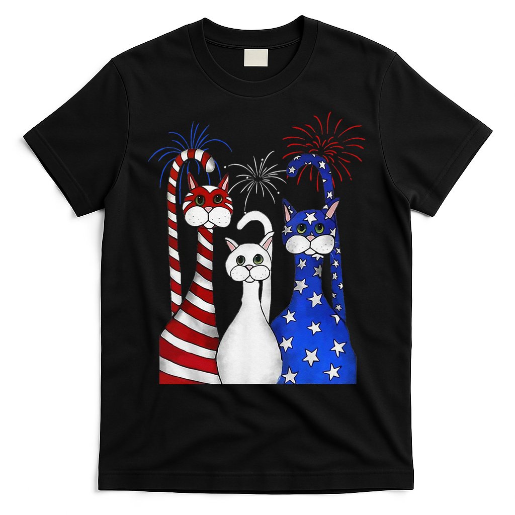 Red White Blue Cats USA Flag Firework 4th Of July T-Shirt