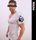 Pistol Boutique Men's Fitted White Deep V neck Sleeve SKULL ACE SPADES T-shirt