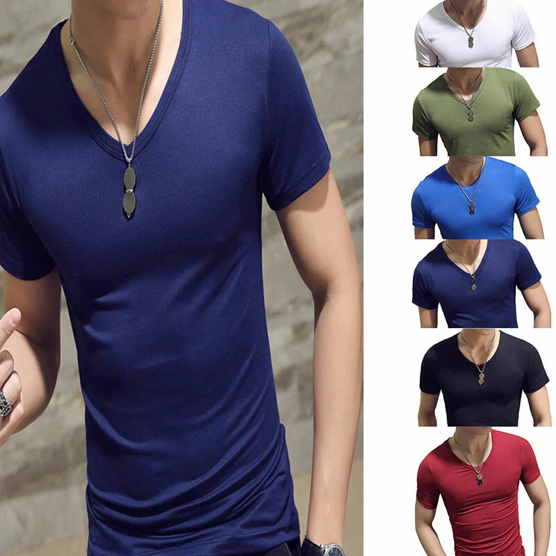 Summer Men Tee Shirt Short Sleeve V-neck T-shirts Casual Fitness Slim Tops (