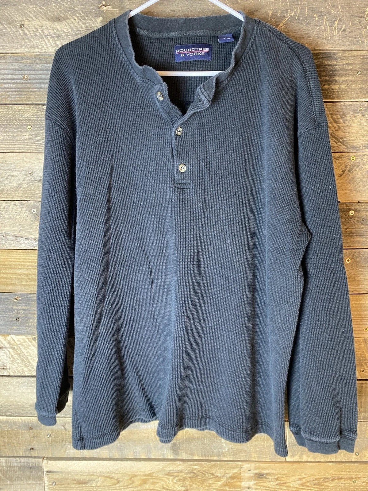 Roundtree & Yorke Mens Size L Dark Blue Waffle Knit Thermal Long Sleeve Shirt