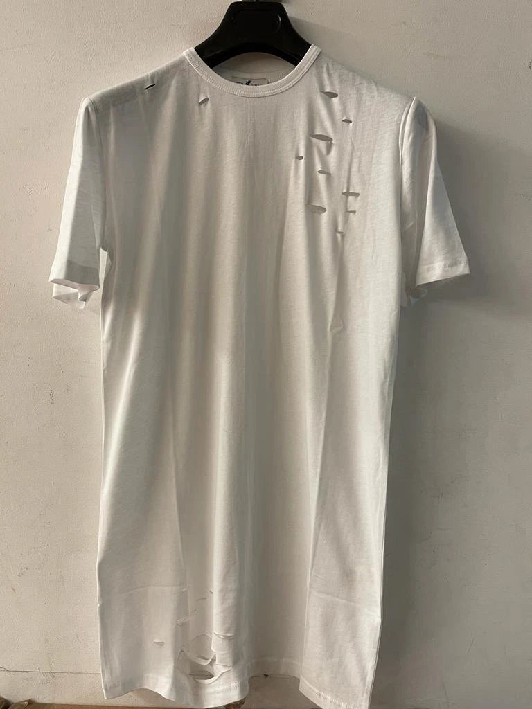 7THHVN PAIN LONG CREW NECK SLIM FIT WHITE RIPPED T-SHIRT
