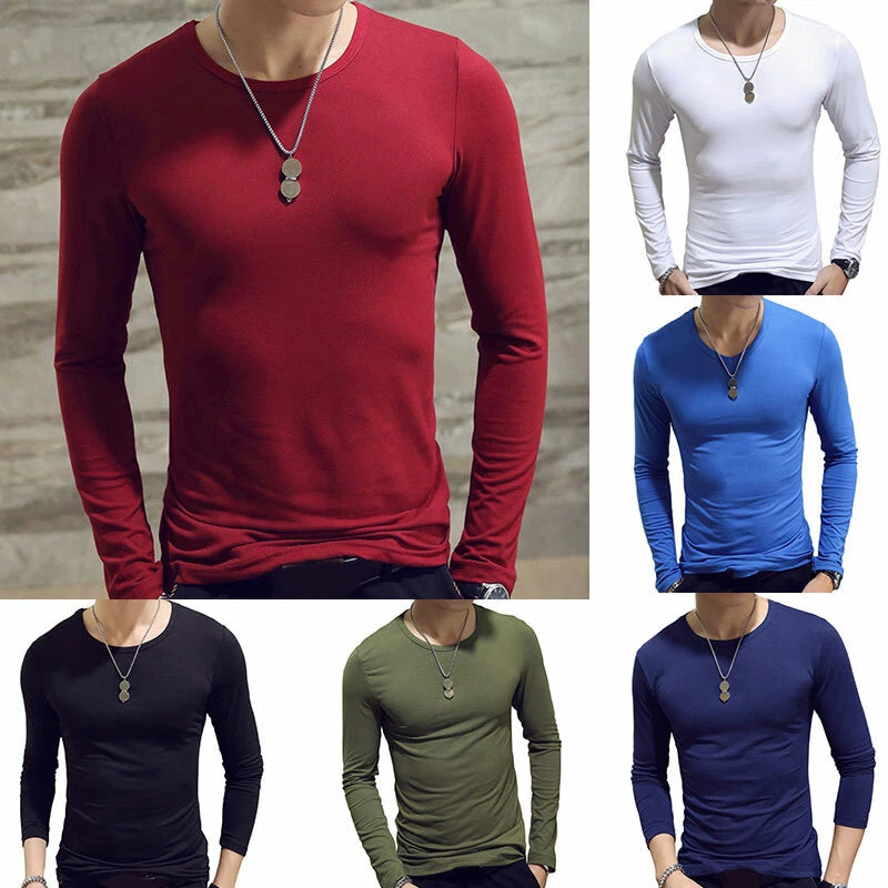 Men Plain Blank Slim Fit T-shirt Basic Tee Long Sleeve Tops Casual Blouse Shirt▱
