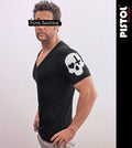 Pistol Boutique Herren Slim Fit Schwarzes Deep V-Neck T-Shirt Skull Print