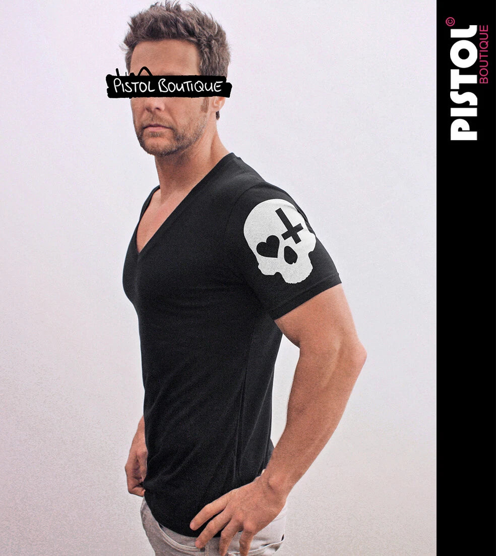Pistol Boutique Herren Slim Fit Schwarzes Deep V-Neck T-Shirt Skull Print