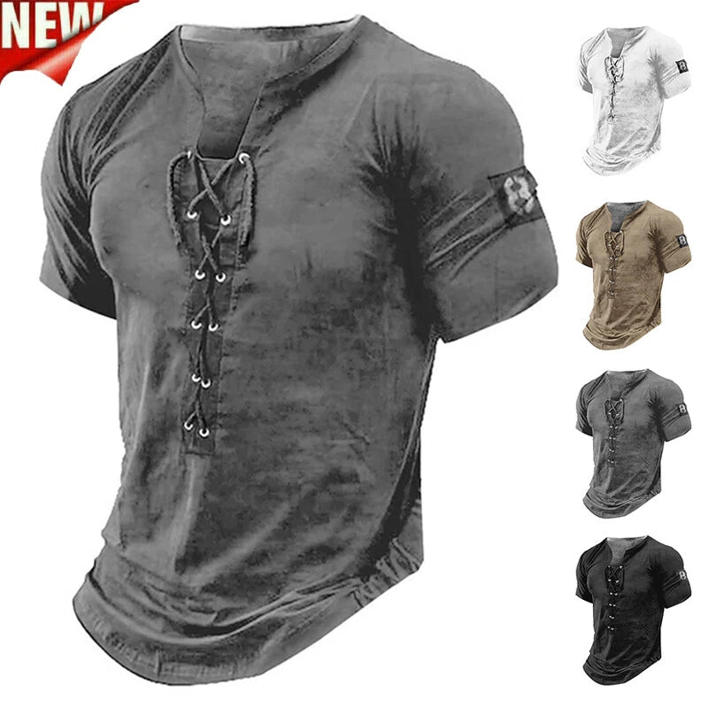 Mens Lace Up Muscle Slim Fit T-Shirt Short Sleeve Gym Sport Fitness Tee Tops ↲