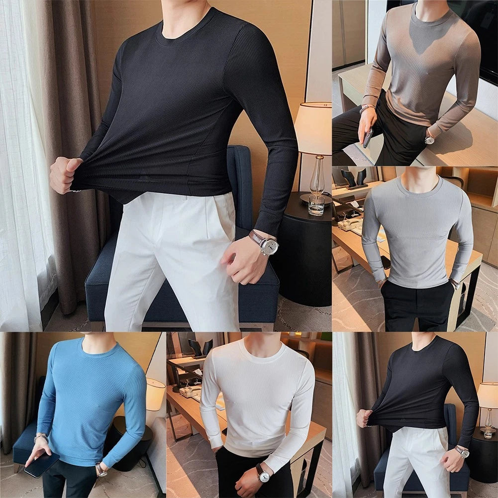 Mens Long Sleeve Casual T Shirt Slim Fit Solid Color Round Neck Tops for Party