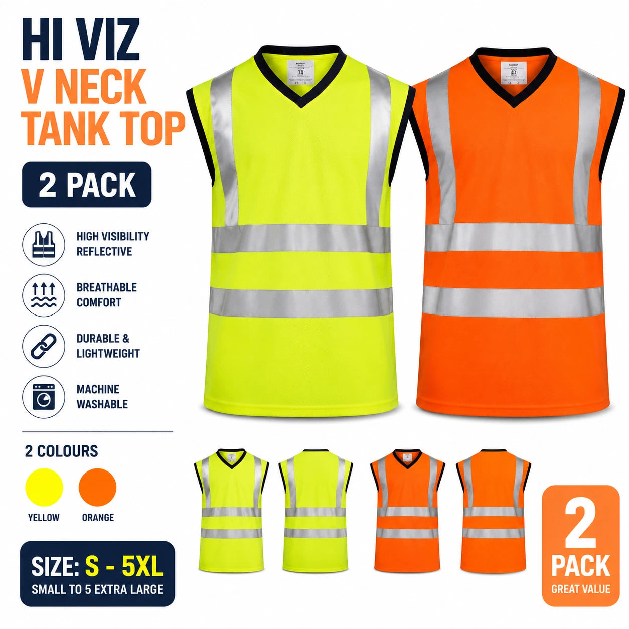 2 Pack Hi Viz Sleeveless T-Shirt V-Neck Sleeveless Safety Security Work Wear Top