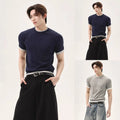 Light Mature Style Knit T Shirt for Men Slim Fit Short Sleeve Pullover
