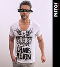 Pistol Boutique Men's Slim Fit White Deep V-Neck Chaos Reign T-Shirt