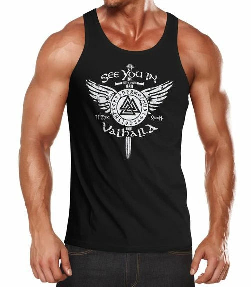 Mens Tank Top See You In Valhalla Sword Runes Odin Vikings Muscle Shirt