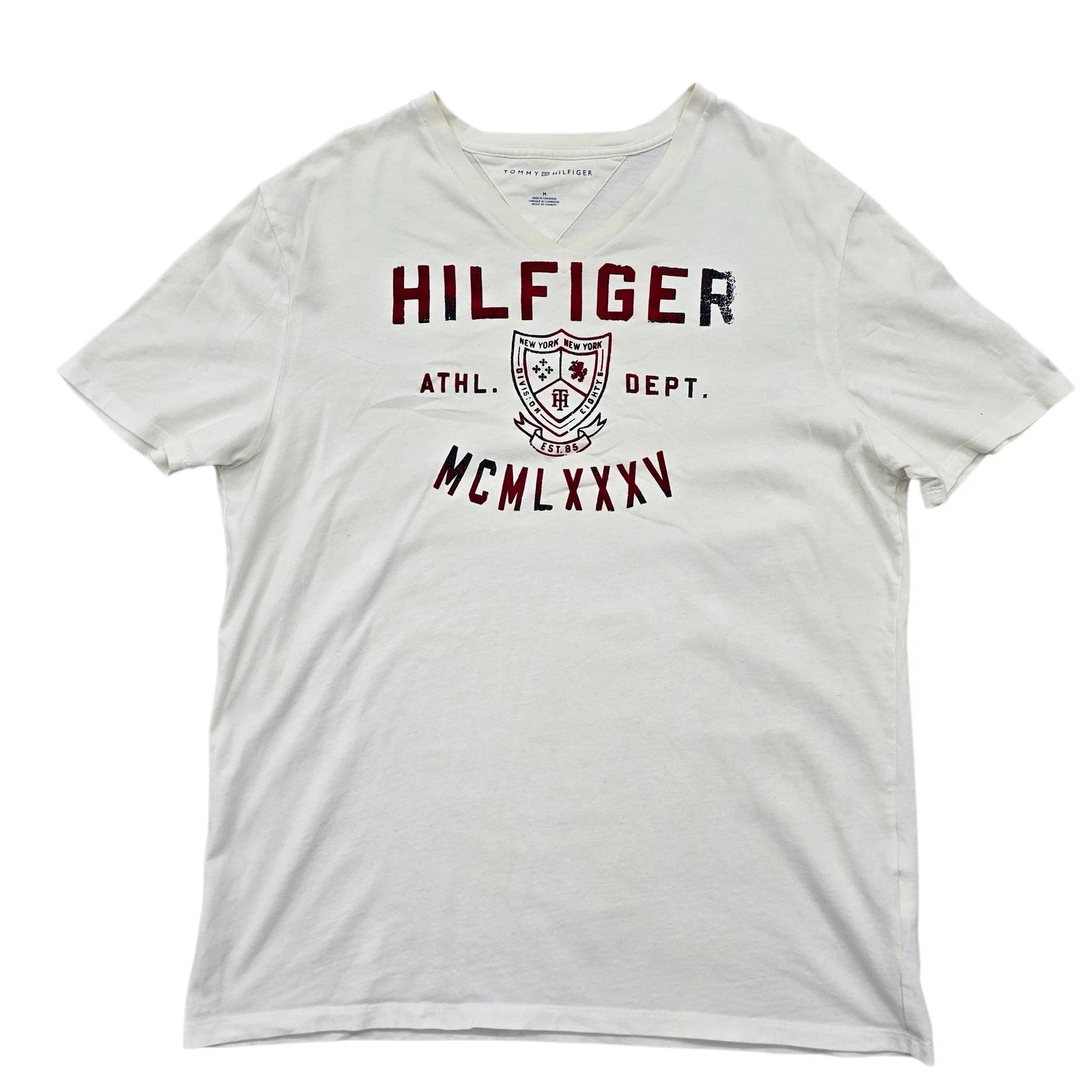 Tommy Hilfiger Men’s M White V-Neck Sports Graphic T-Shirt Cotton
