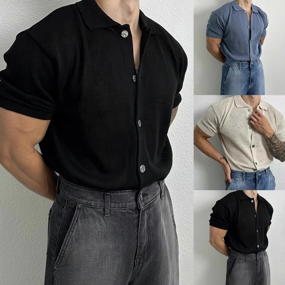 Men's Knitted Slim Fit Short Sleeve T Shirt Solid Color Lapel Button Top