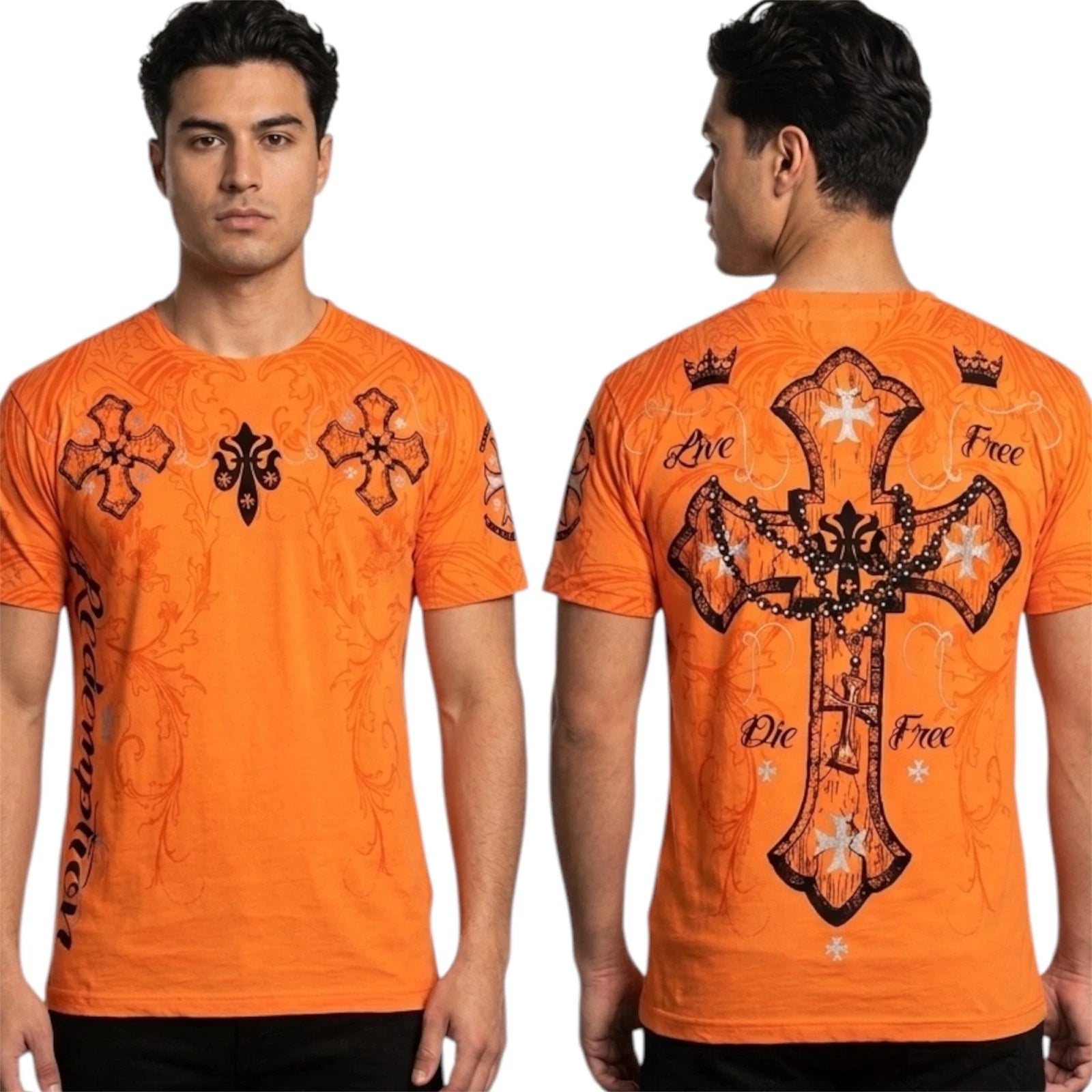 ARCHAIC by AFFLICTION Orange GLORY Cross Short Sleeve Slim Fit Y2K T-shirt NWT