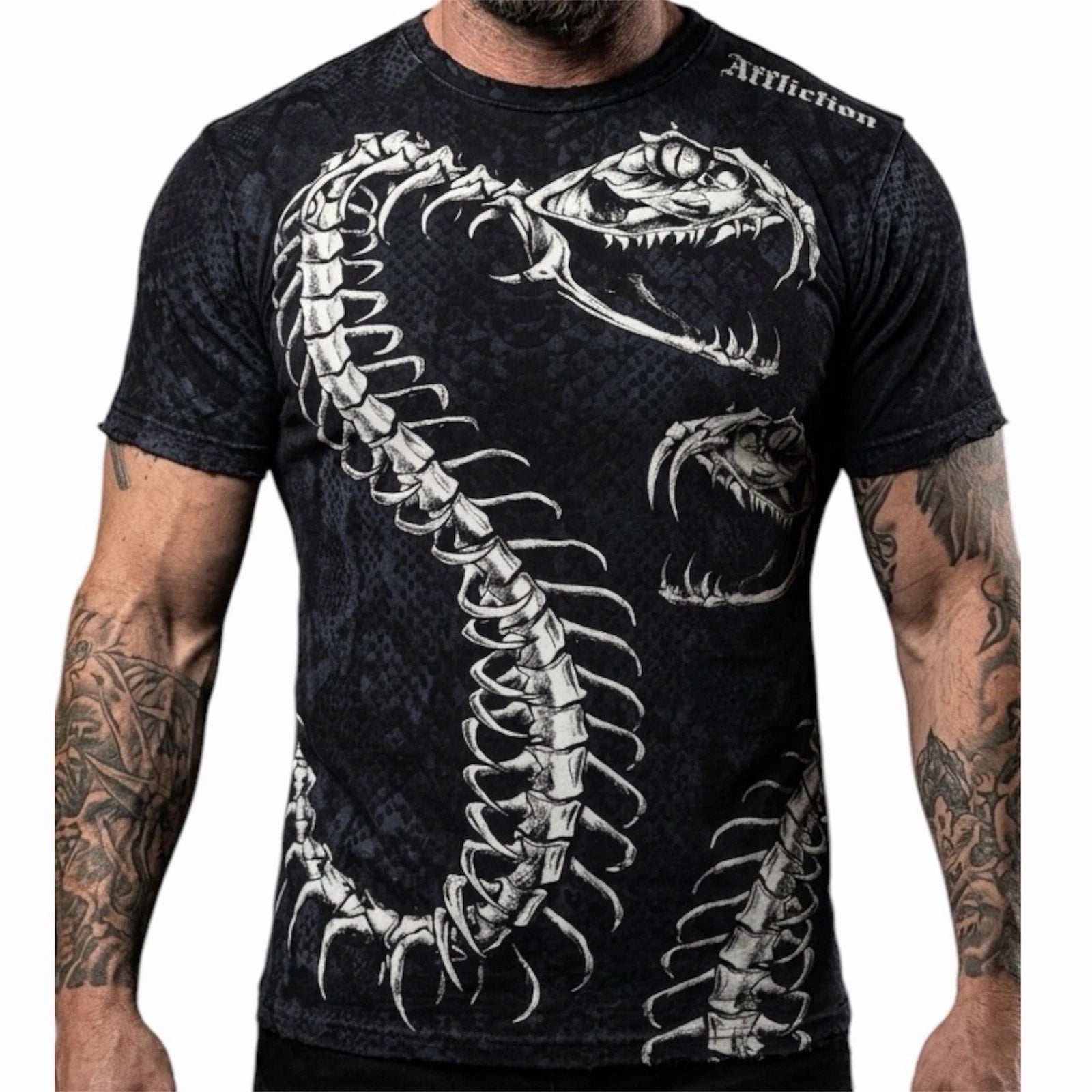 $58 AFFLICTION Black SKELETAL SNAKE Short Sleeve Slim Fit Y2K T-shirt NWT