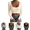 Long Sleeve Round Neck Threaded Slim Fit T Shirt with Exposed Navel Base