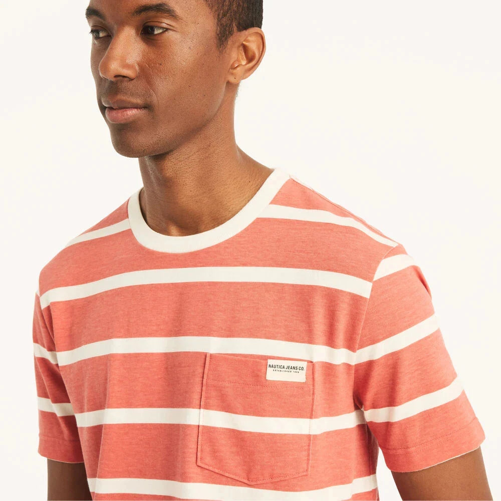 NAUTICA Striped Mineral Red Pocket T-Shirt Classic Fit Cotton Lightweight M