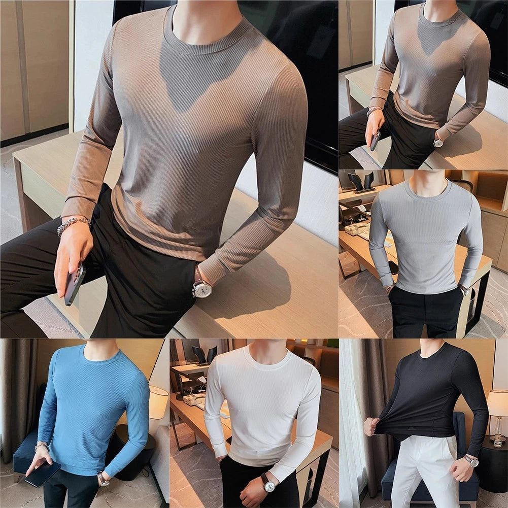 Slender Fit Long Sleeve T Shirt for Men Round Neck Solid Color Casual Top