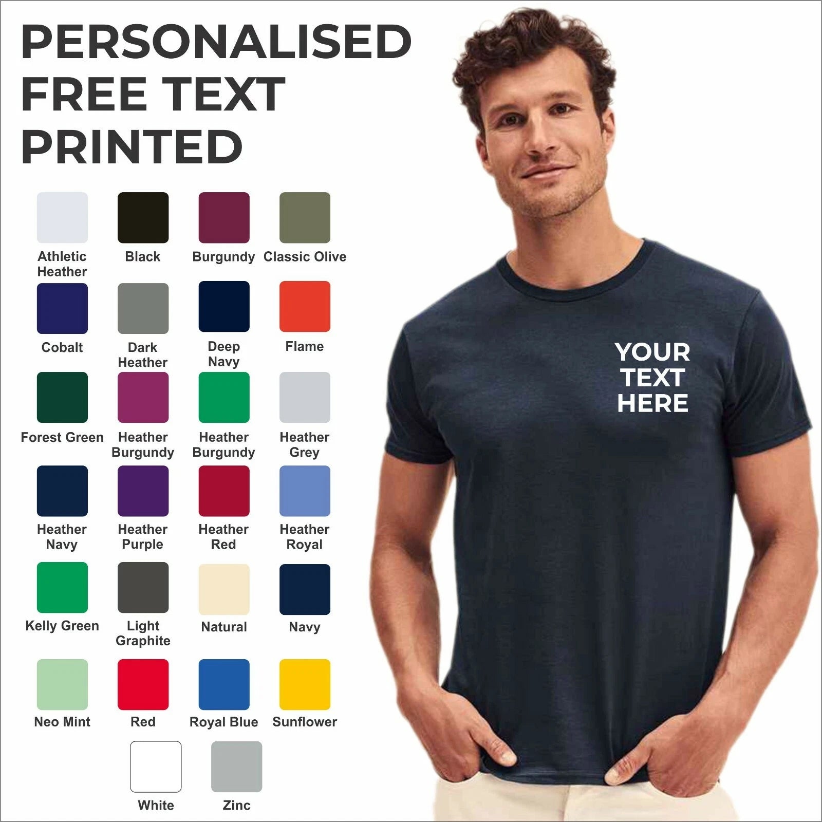 Personalised Custom Printed Fruit of the Loom Mens Iconic T-Shirt Tee Shirt TOP