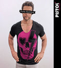 Pistol Boutique Herren Slim Fit Schwarzes Deep V-Neck David Bowie Skull T-Shirt