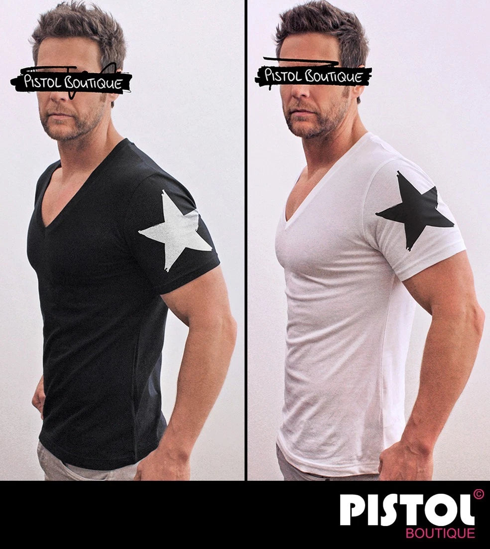 Pistol Boutique Herren Fit Deep V Neck T-Shirt Stern STAR Stars Print