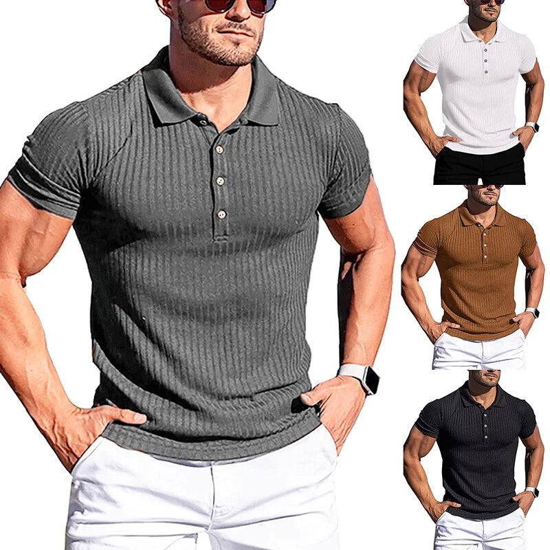 Men Summer Ribbed Muscle Stretch Slim Fit Short Sleeve T-Shirt Collar Casual To[