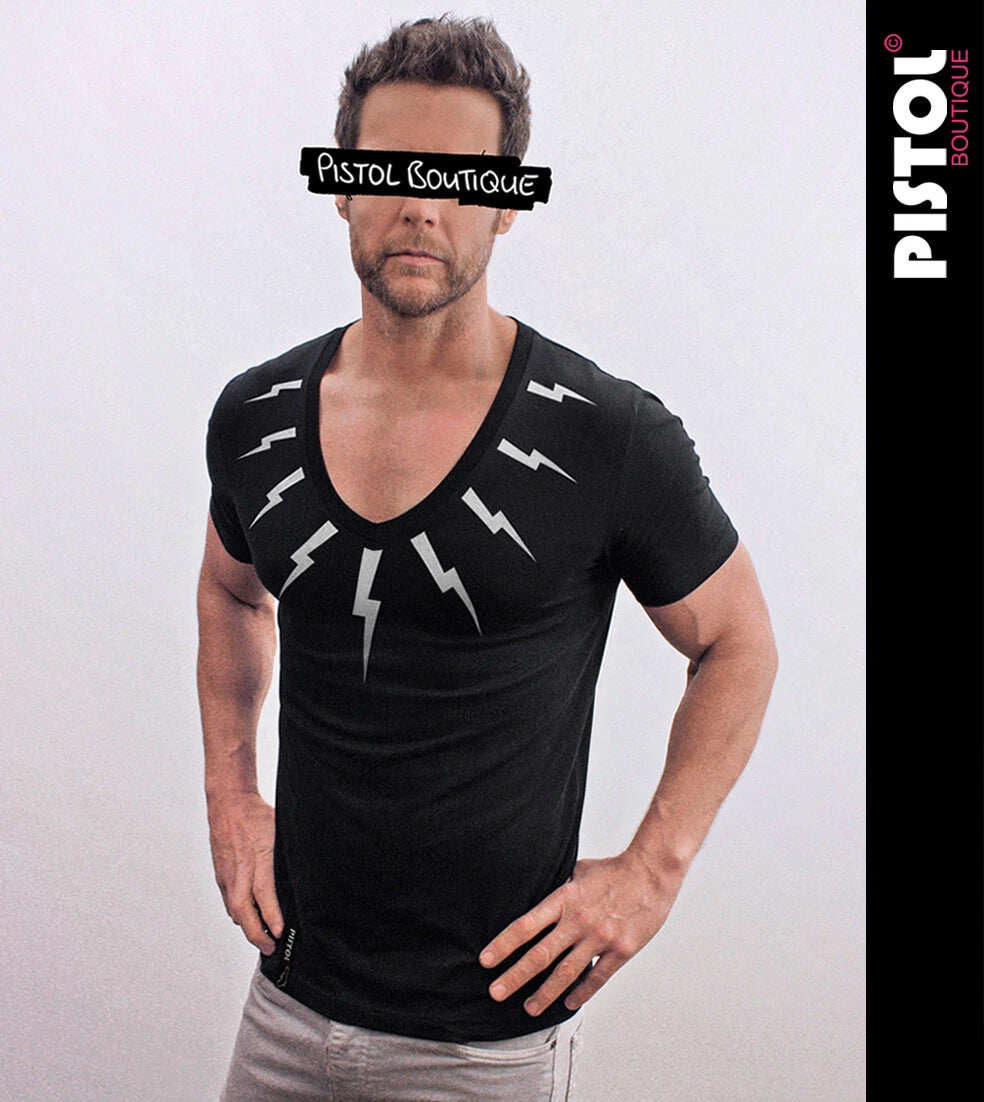 Pistol Boutique Herren Slim Fit Schwarzes T-Shirt Mit Deep-V-Ausschnitt