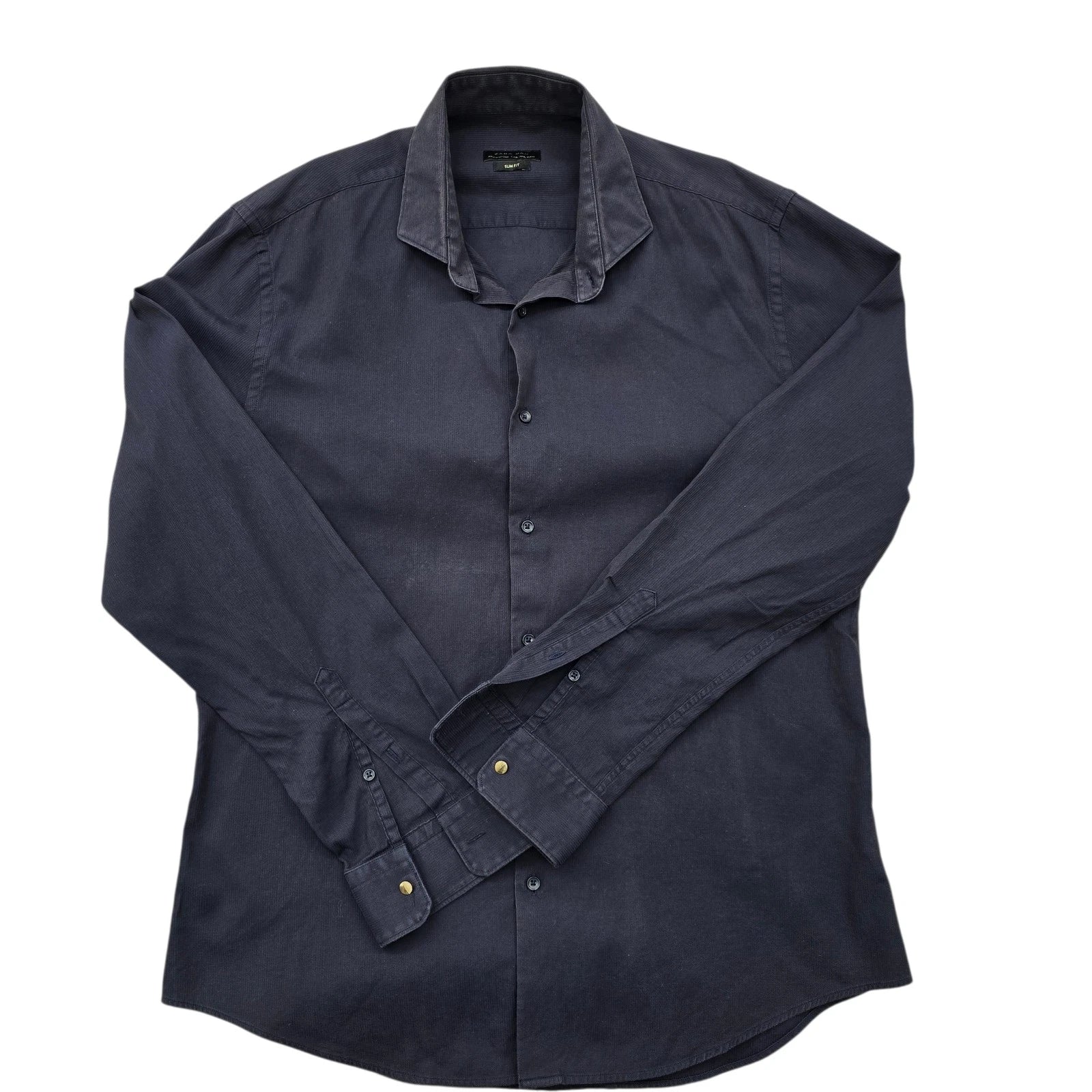 Zara Man Navy Slim Fit Cotton Blend Canvas Button-Up Shirt Long Sleeve