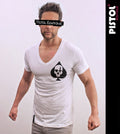 Pistol Boutique Herren Slim Fit Weiß Deep V-Ausschnitt ACE OF SPADES T-Shirt