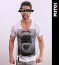 Pistol Boutique Men's Fitted White Deep V neck HEART TONGUE Fashion T-shirt