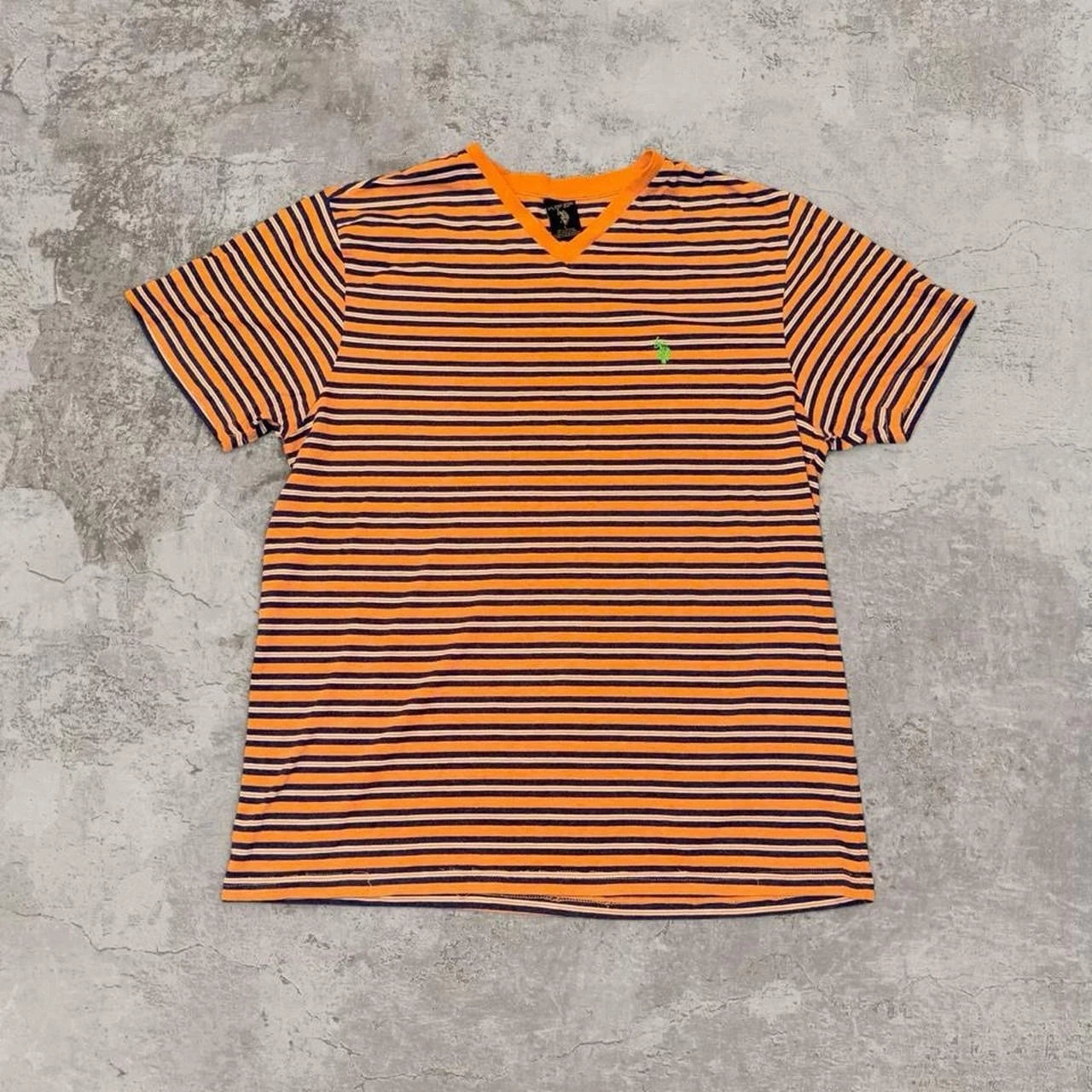 U.S. Polo Assn. Orange Navy Striped V-Neck T-Shirt Green Logo Men's Size L