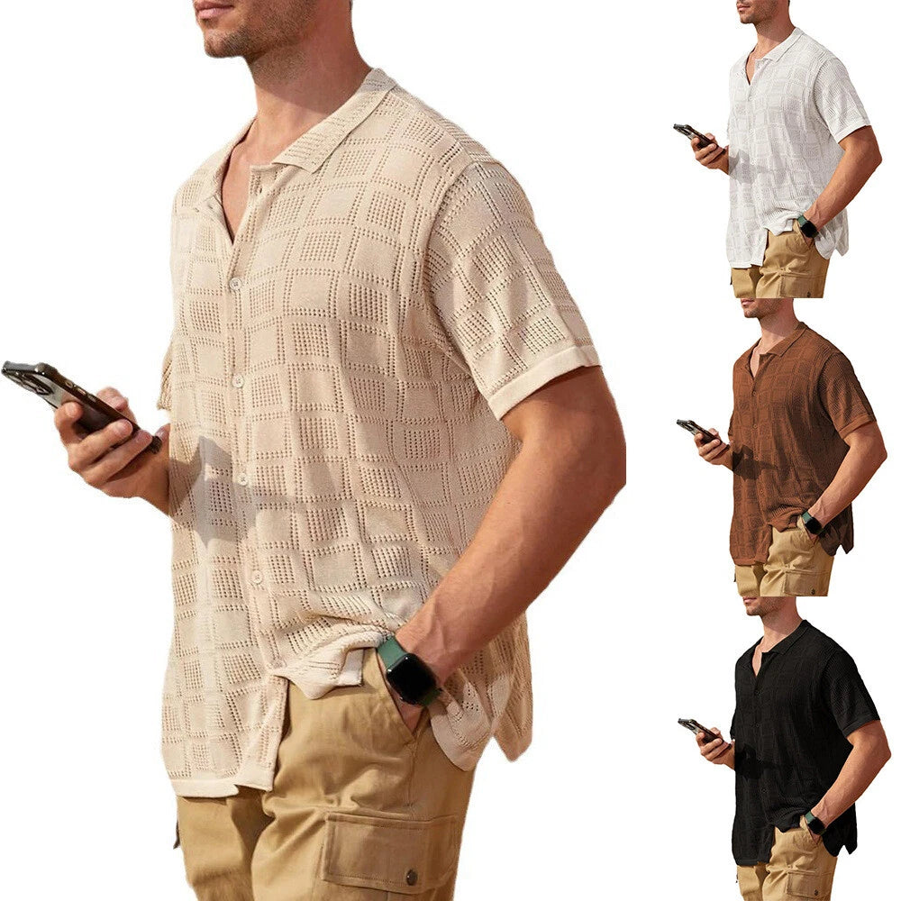 Men's Knitted Shirt Casual Slim Shirts Short Sleeve Button Down Tops Blouse