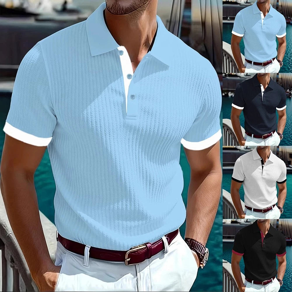 Stripe Short Sleeve T Shirt for Men Turn Down Collar Slim Fit Polyester Blend
