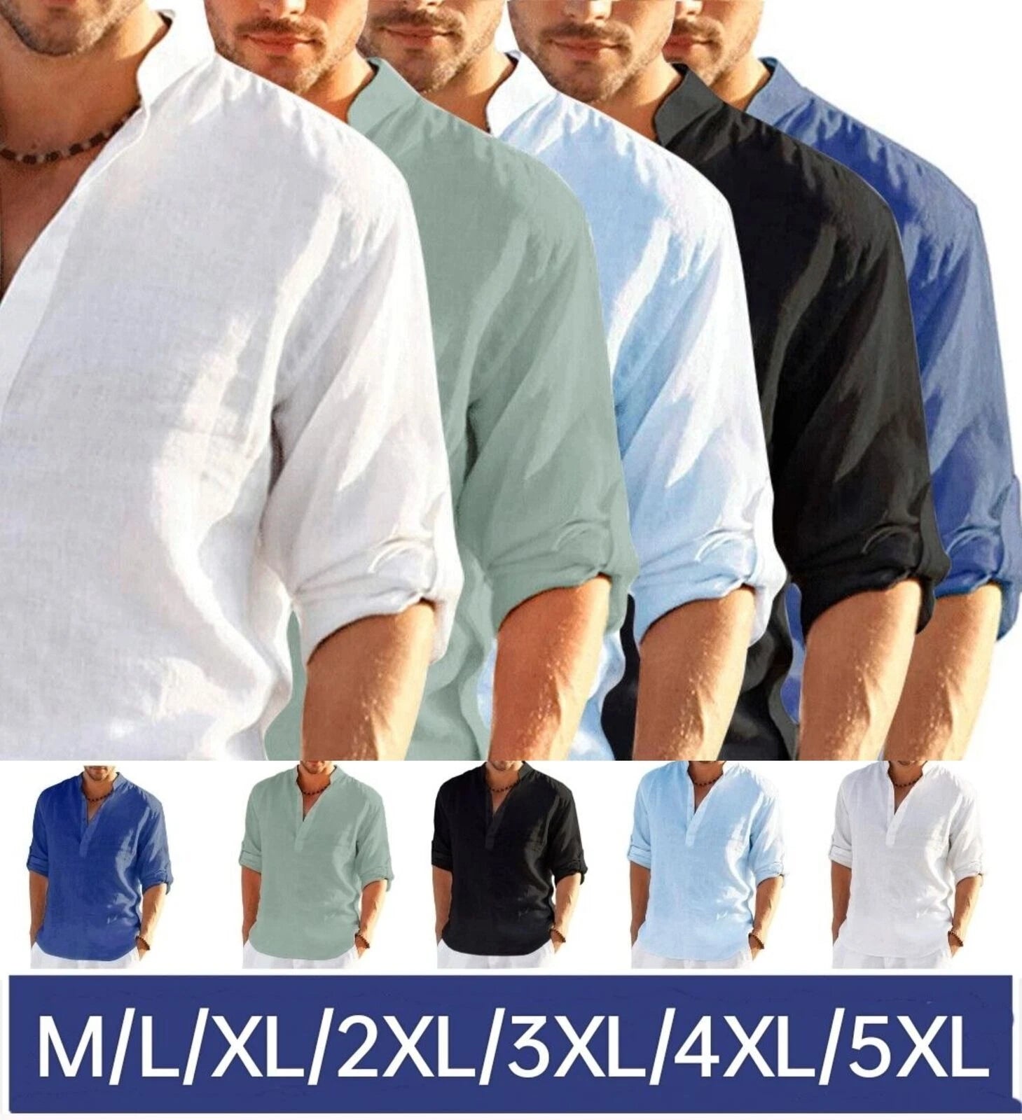Mens Cotton Linen Long Sleeve Shirt Solid Loose Blouse Button Down Tops T Shirt