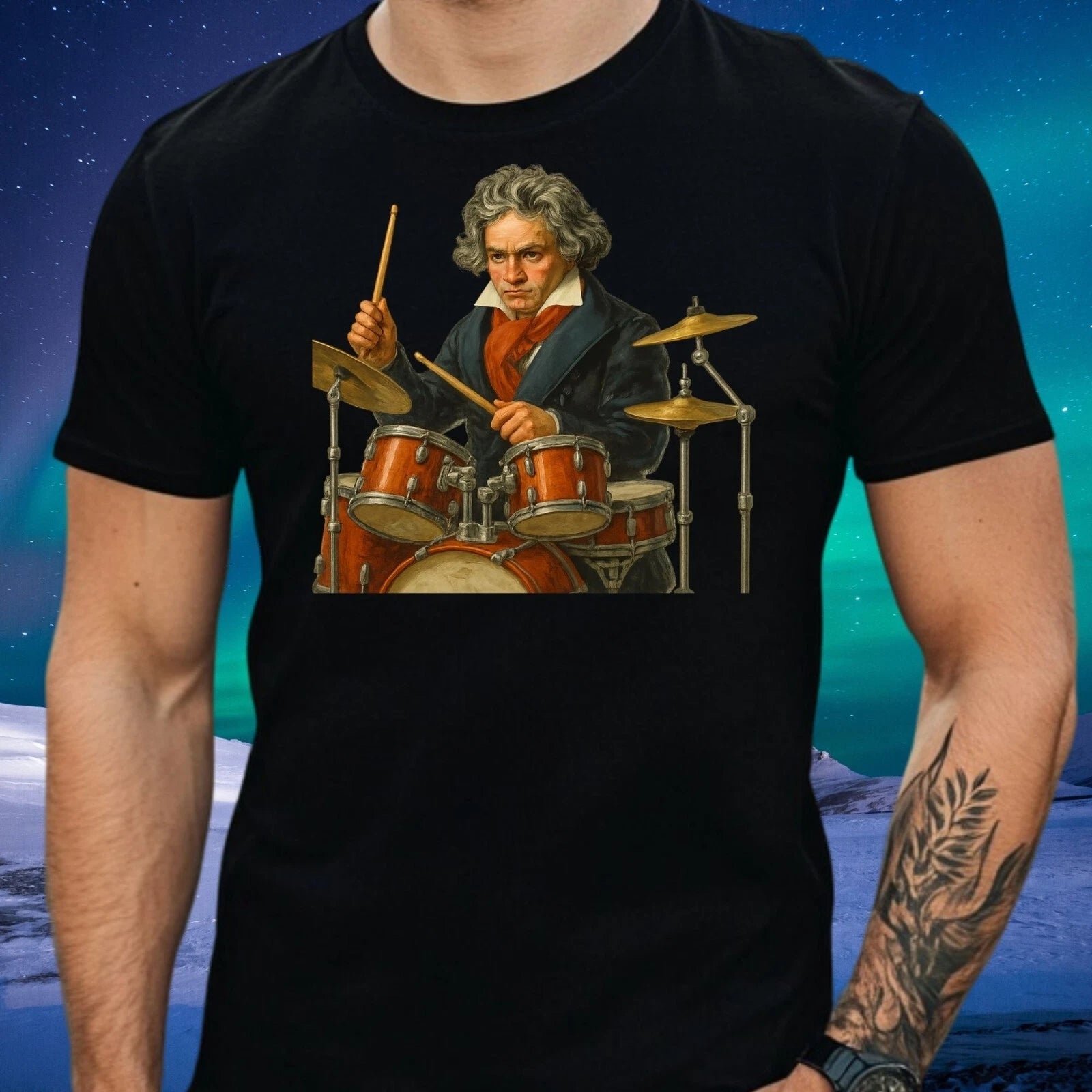 Mens Beethoven Plays Drums Motif Cotton T-Shirt Size S to 5XL