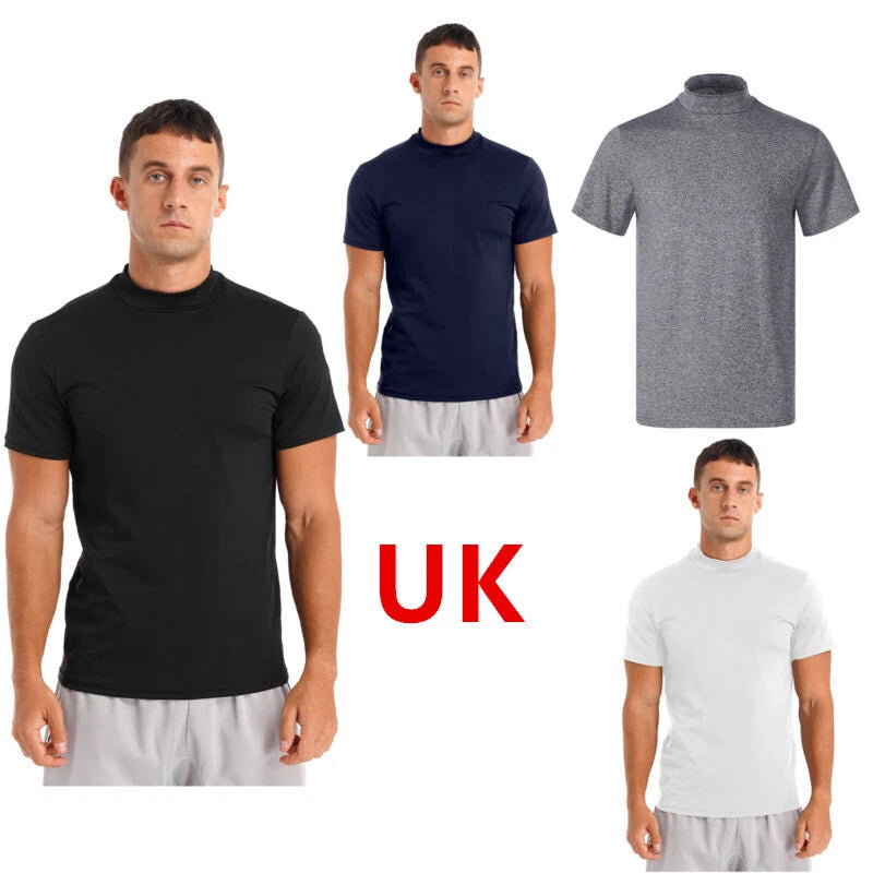 AU Mens T-Shirt Short Sleeve Basic Tops Mock Turtleneck Pullover Slim Fit Solid