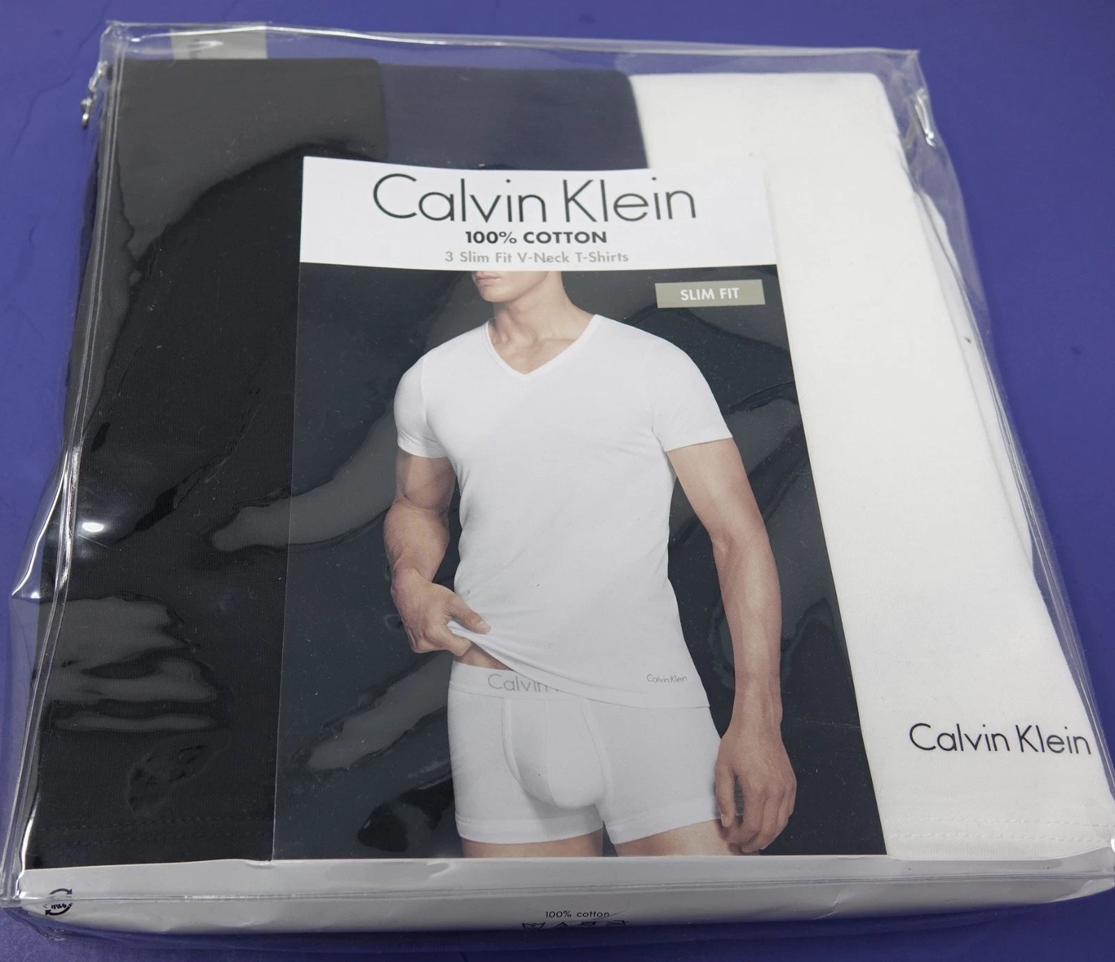 New Calvin Klein Cotton Slim Fit V-Neck T-Shirts 3-Pack White Black Navy  Large